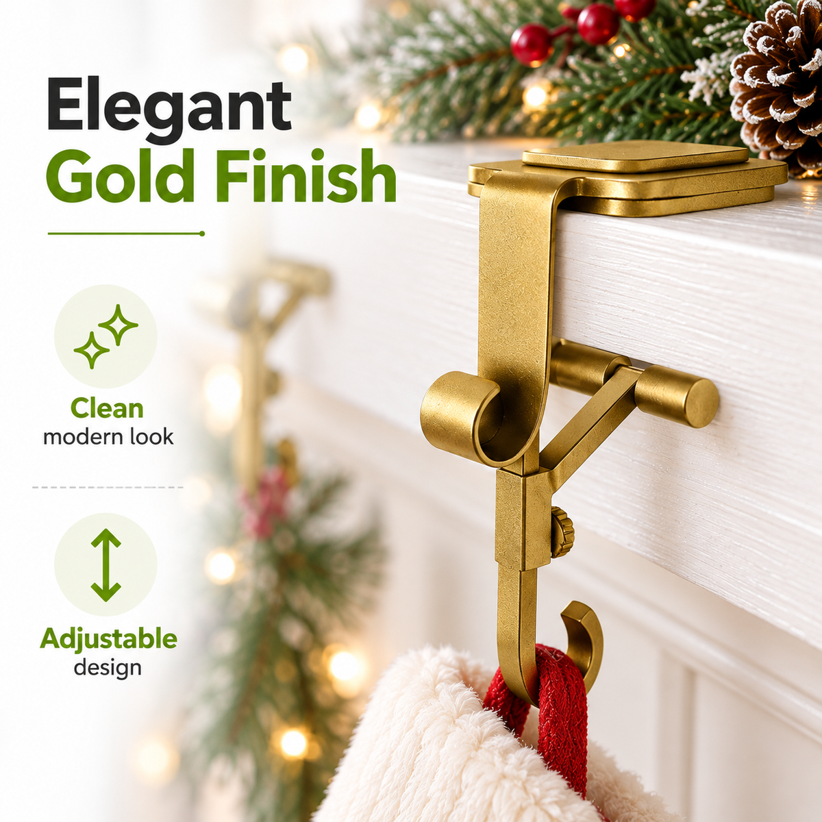 🎄 Christmas Shelf Stocking Hanger – Gold Shelf-Edge Hook for Garland & Holiday Decorations