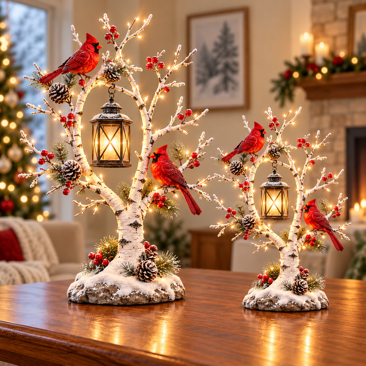 ❤️ Cardinal Winter Lantern Tree– Lighted Snowy Birch Tree with Red Cardinals & Hanging Lantern ✨