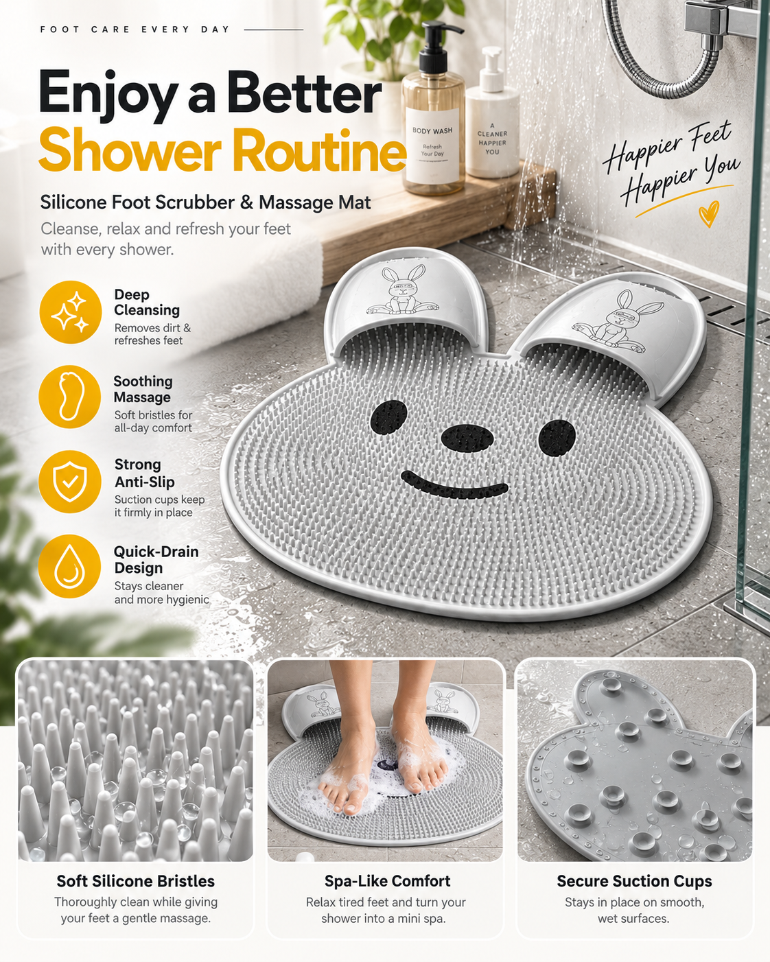 🐰🐰Bunny Shower Foot Scrubber Mat, Non-Slip Foot Massager for Shower