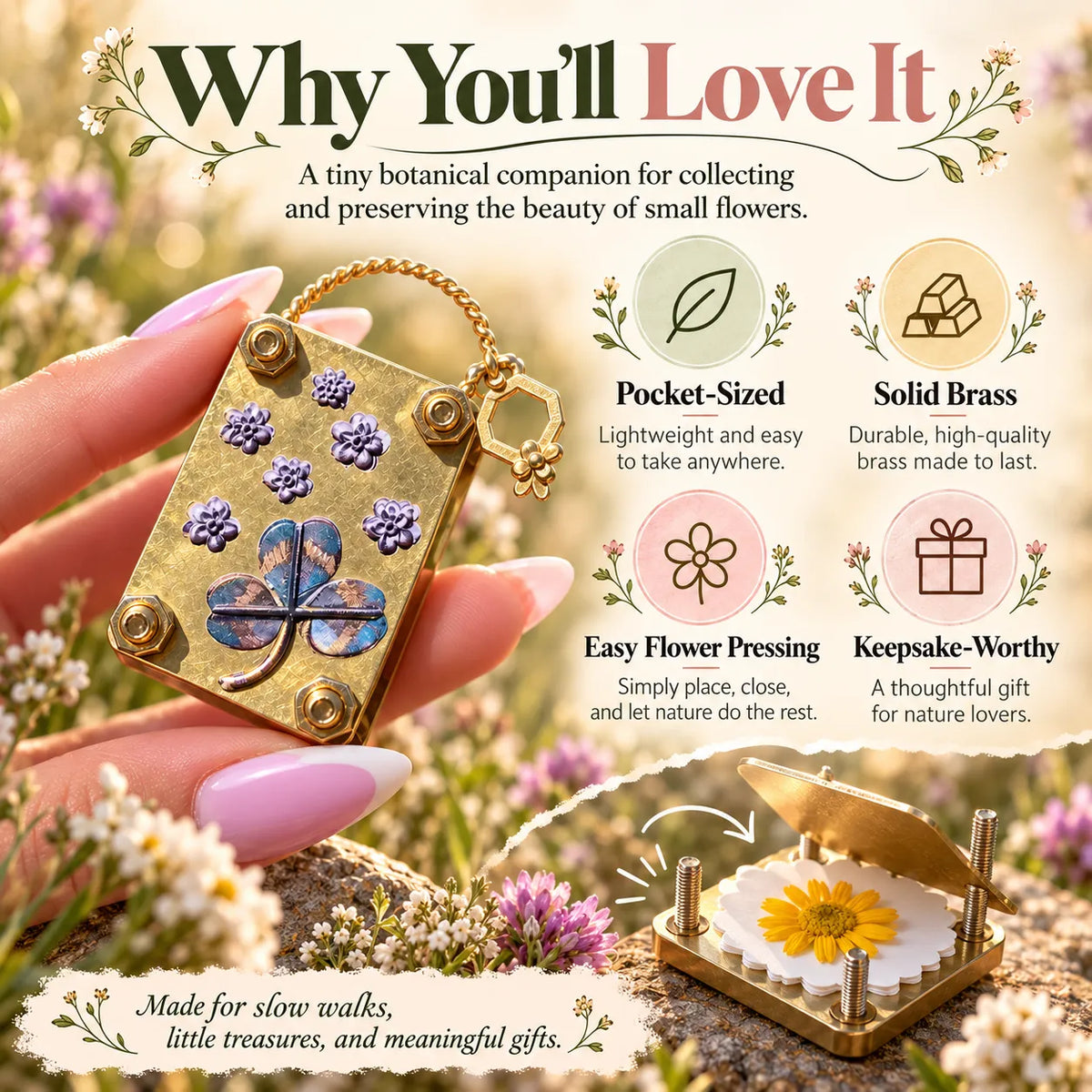 🎁Mini Brass Flower Press – Pocket-Sized Botanical Keepsake