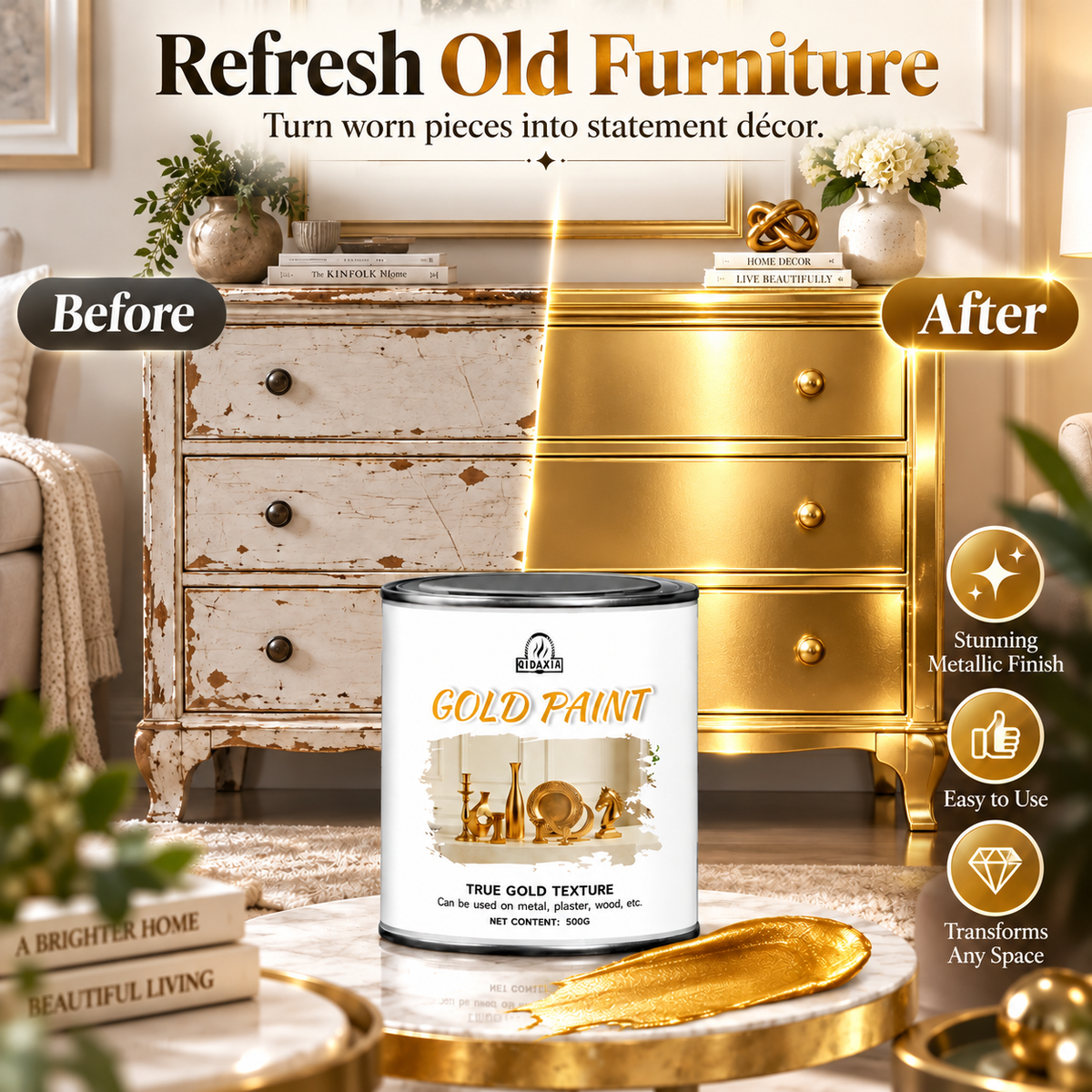 ✨ Metallic Gold Finish Paint – Rich Shimmer for Furniture, Décor & DIY Projects