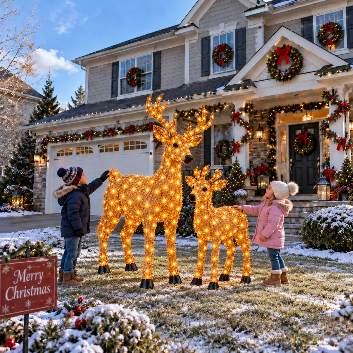 🎄🫎Magical Light-Up Christmas Deer & Fawn Set ✨ – Warm White LED Indoor & Outdoor Holiday Décor