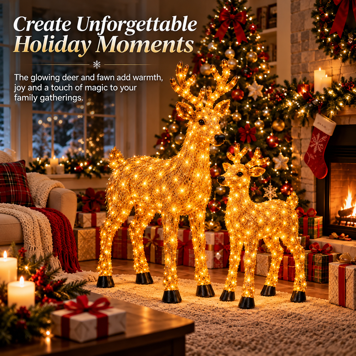 🎄🫎Magical Light-Up Christmas Deer & Fawn Set ✨ – Warm White LED Indoor & Outdoor Holiday Décor