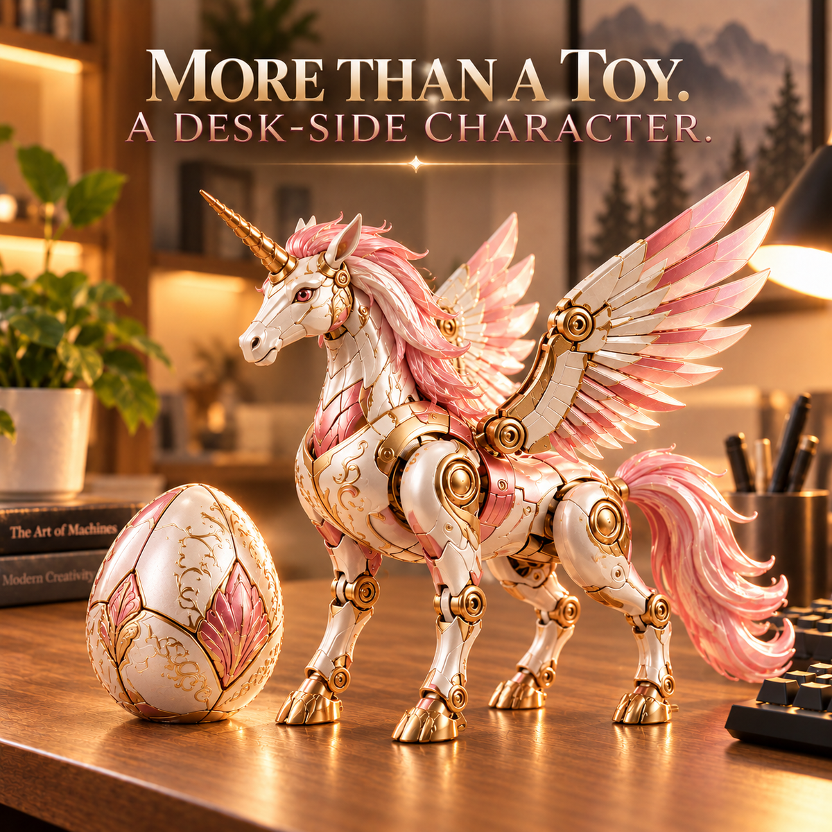 Mechanical Winged Unicorn Toy with Decorative Egg – Pink & Gold Fantasy Collectible Gift
