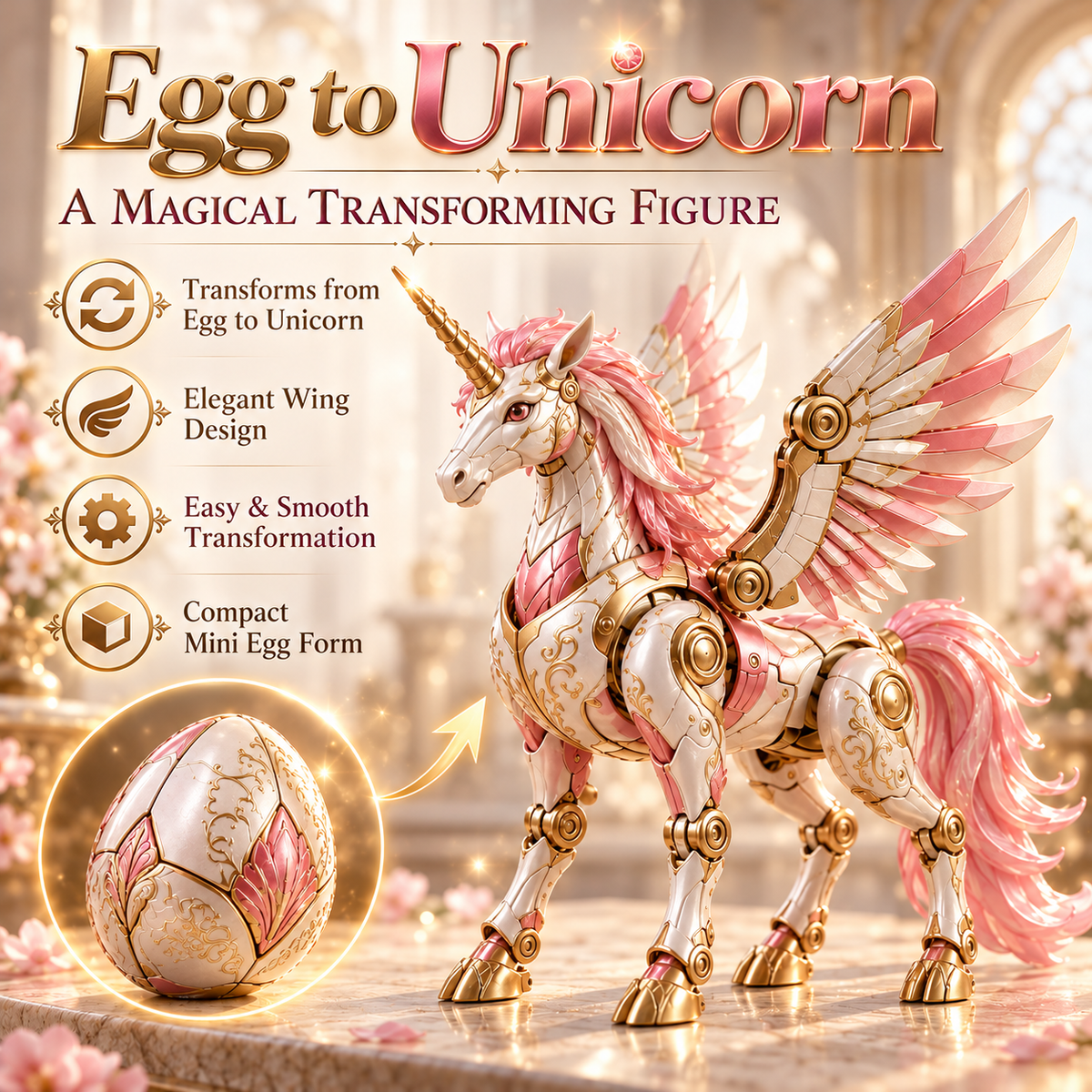 Mechanical Winged Unicorn Toy with Decorative Egg – Pink & Gold Fantasy Collectible Gift