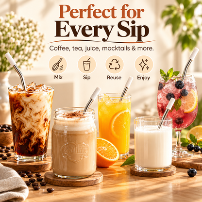 Reusable Metal Drinking Straws with Cleaning Brush – Stainless Steel Set