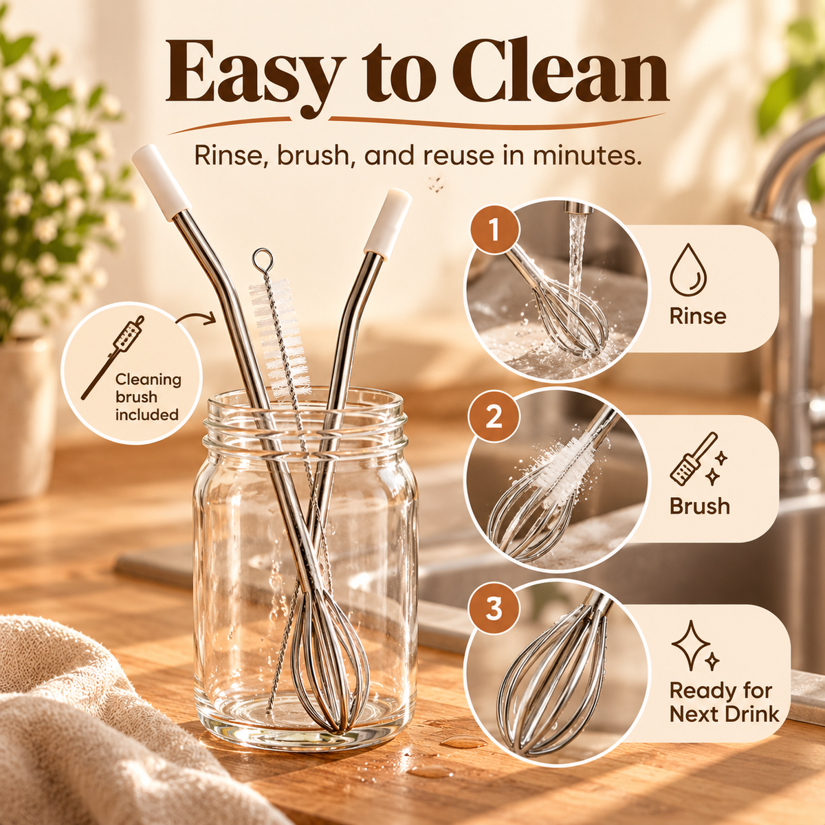 Reusable Metal Drinking Straws with Cleaning Brush – Stainless Steel Set