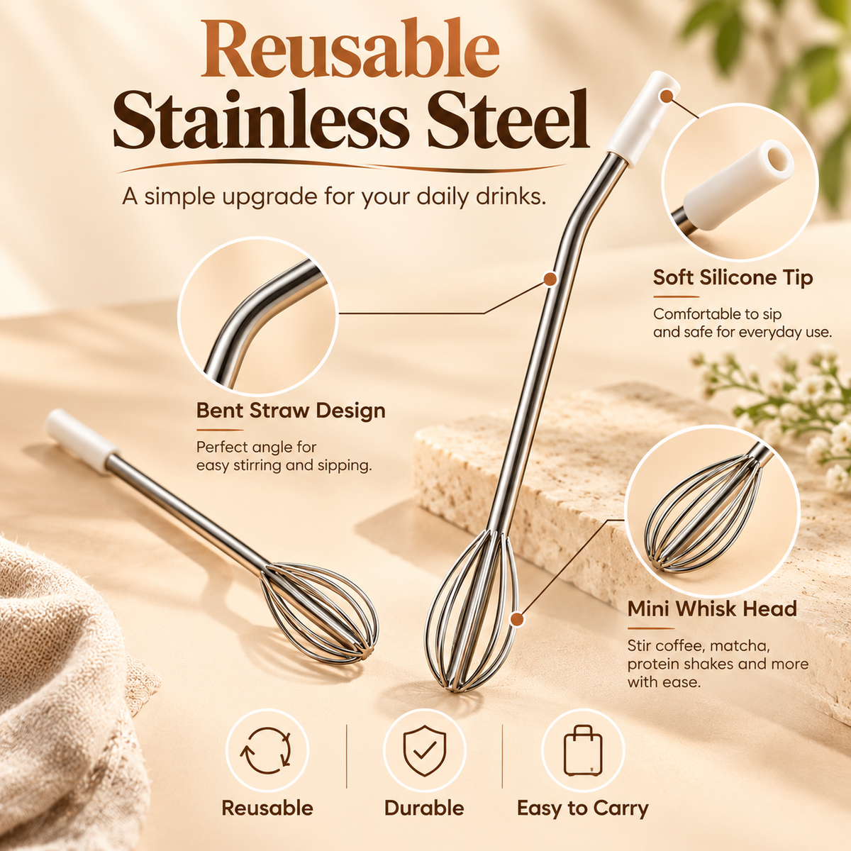 Reusable Metal Drinking Straws with Cleaning Brush – Stainless Steel Set