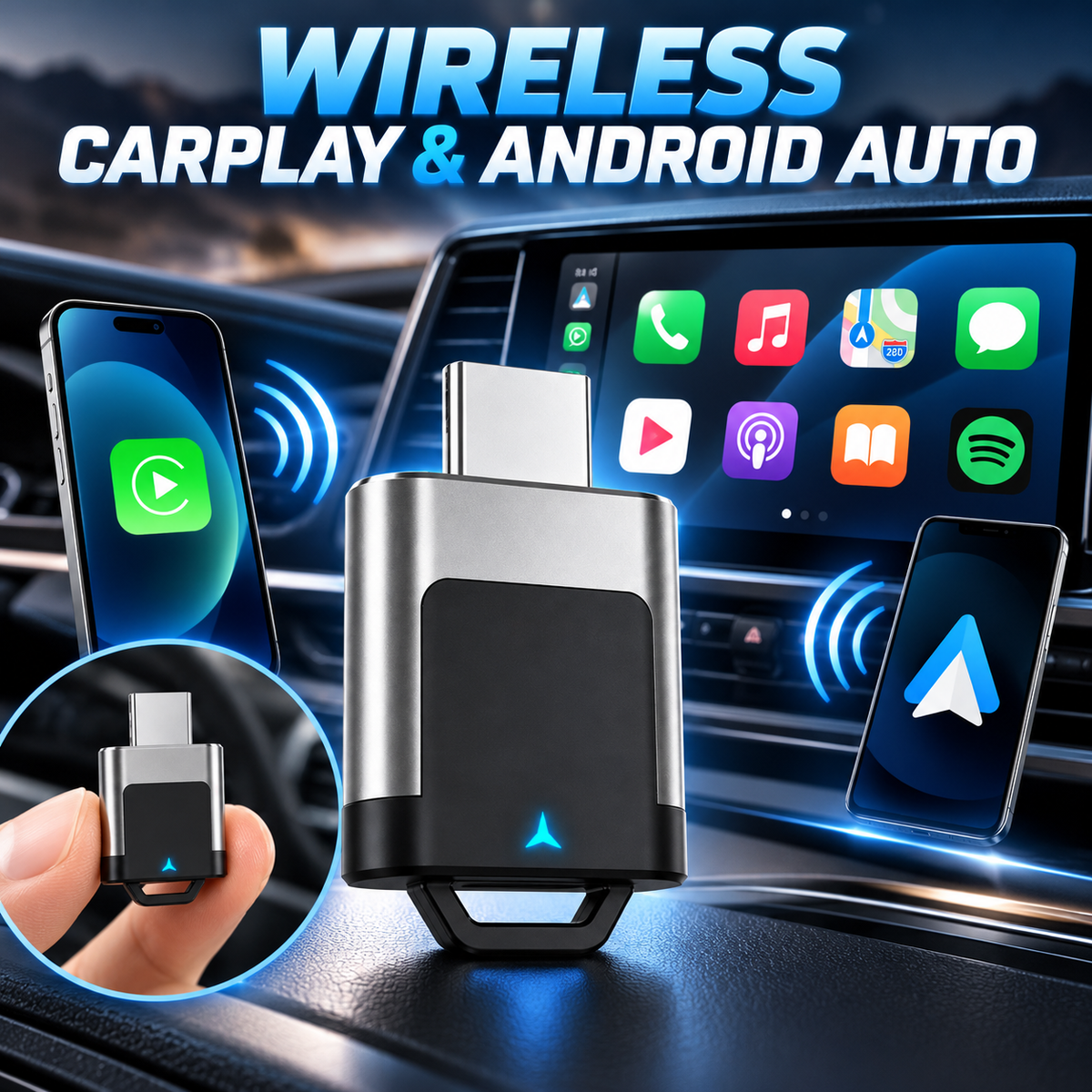 Wireless CarPlay & Android Auto Adapter | Mini Plug & Play Converter