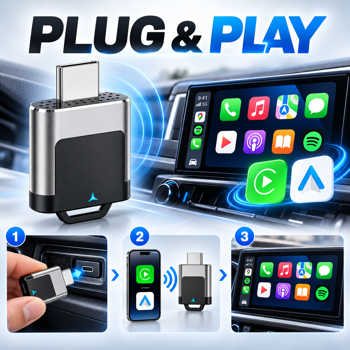 Wireless CarPlay & Android Auto Adapter | Mini Plug & Play Converter