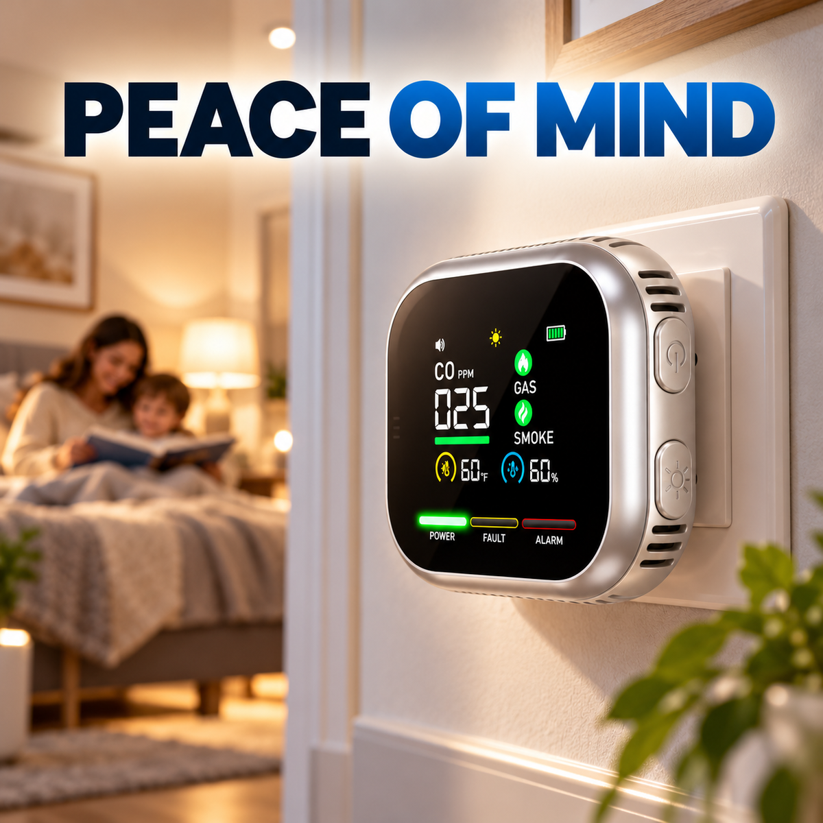 3-in-1 Carbon Monoxide Gas & Smoke Detector | Plug-In CO Alarm