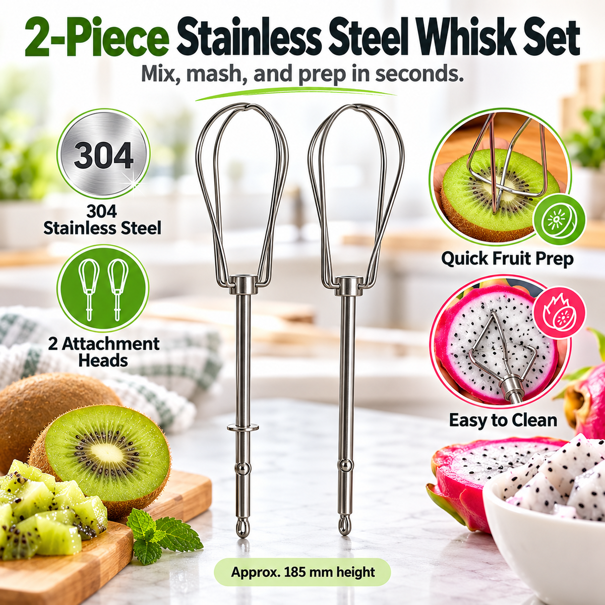 2-Pack 304 Stainless Steel Beater Attachments for Kitchen Mixing