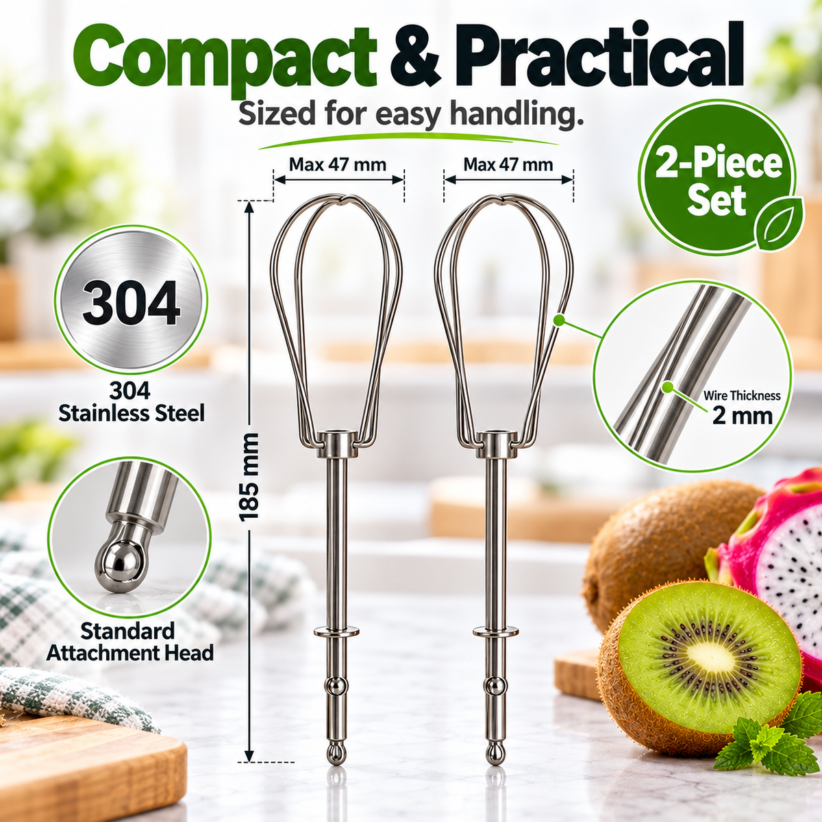 2-Pack 304 Stainless Steel Beater Attachments for Kitchen Mixing