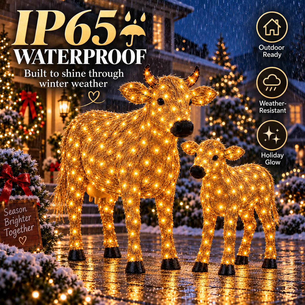 ✨🐄 Light-Up Christmas Cow & Calf Set – Warm White LED Holiday Display