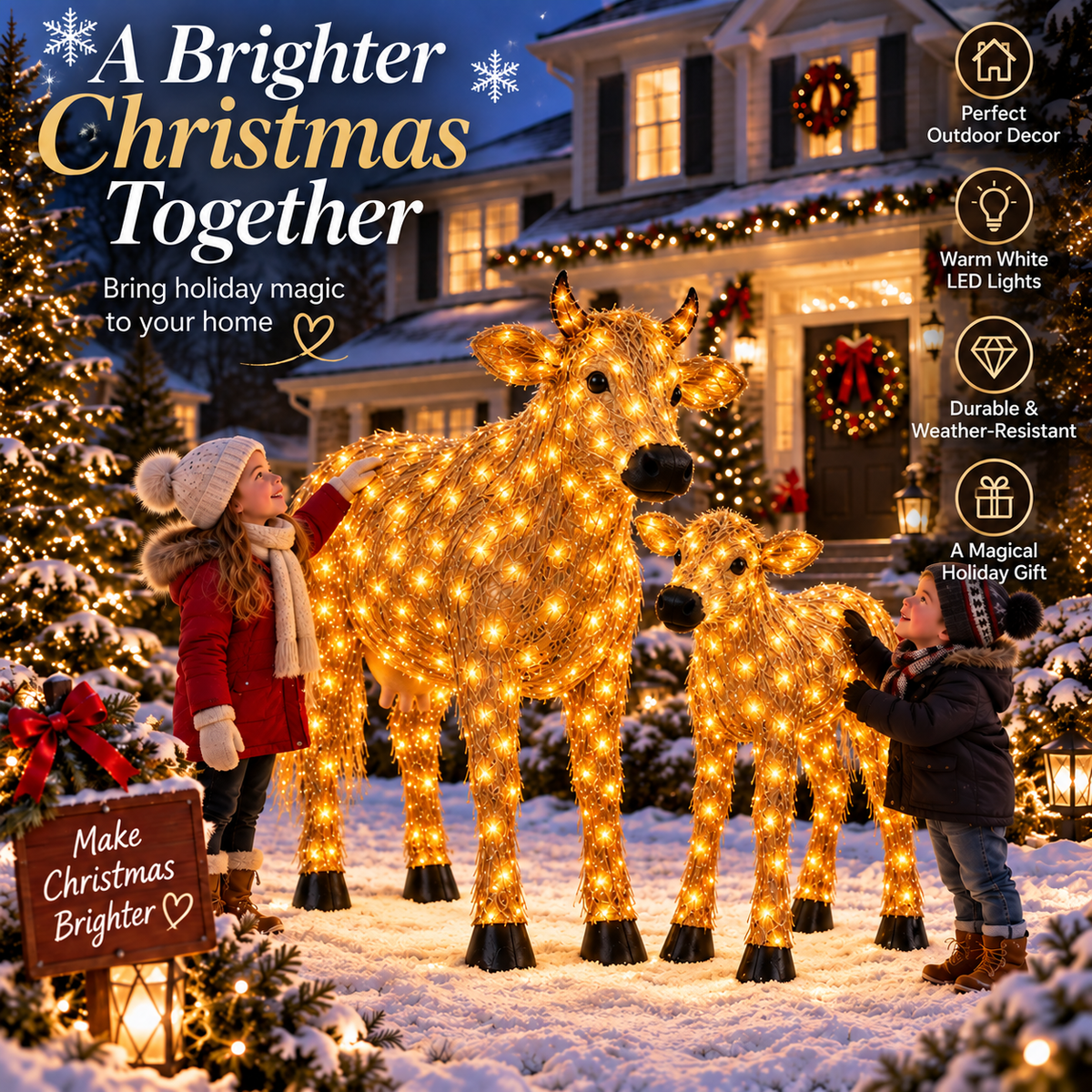 ✨🐄 Light-Up Christmas Cow & Calf Set – Warm White LED Holiday Display