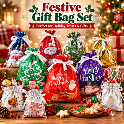 🎄 2026 Drawstring Christmas Gift Bags – Aluminum Foil Candy & Party Bags