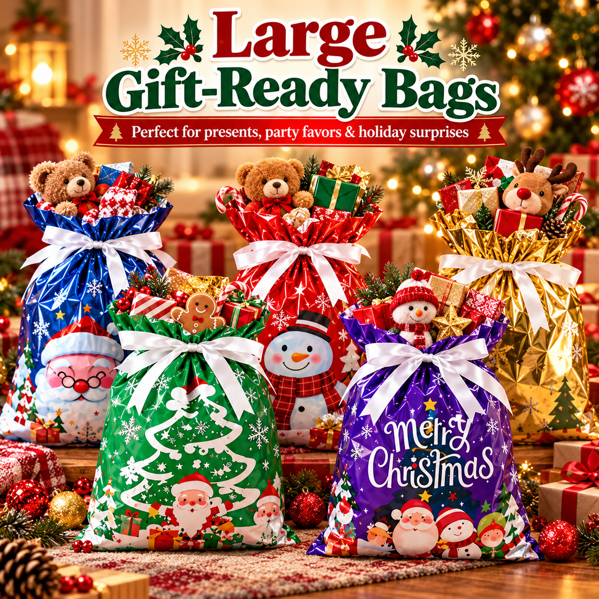 🎄 2026 Drawstring Christmas Gift Bags – Aluminum Foil Candy & Party Bags