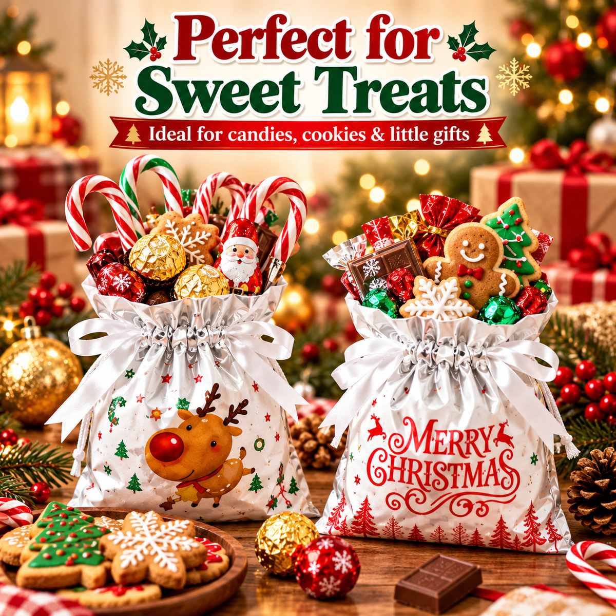 🎄 2026 Drawstring Christmas Gift Bags – Aluminum Foil Candy & Party Bags