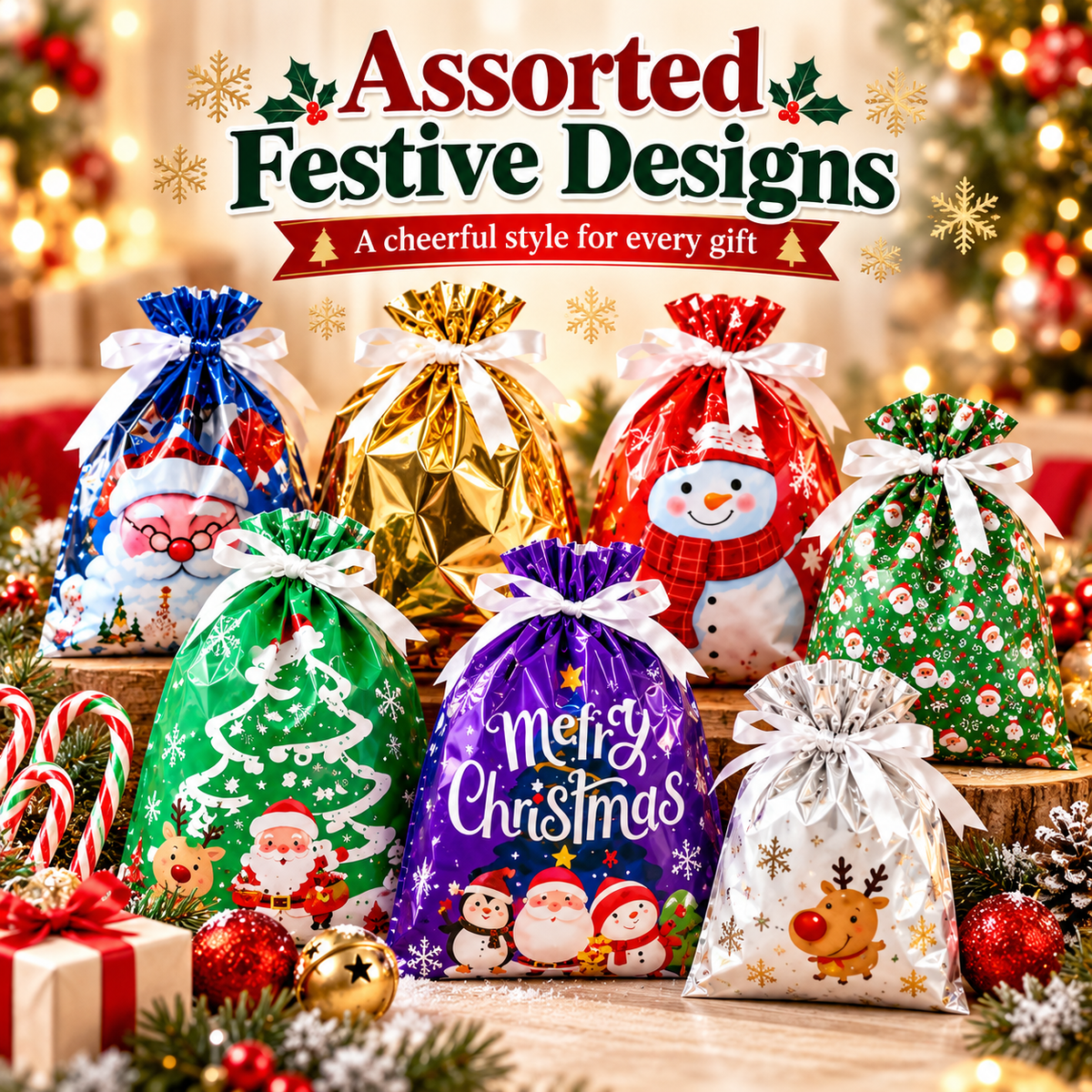 🎄 2026 Drawstring Christmas Gift Bags – Aluminum Foil Candy & Party Bags