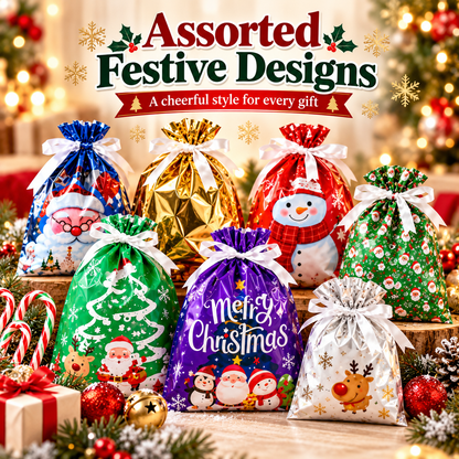🎄 2026 Drawstring Christmas Gift Bags – Aluminum Foil Candy & Party Bags