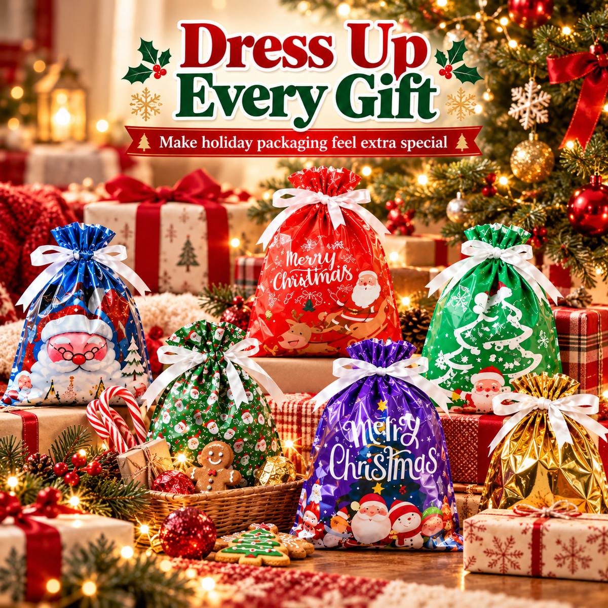 🎄 2026 Drawstring Christmas Gift Bags – Aluminum Foil Candy & Party Bags