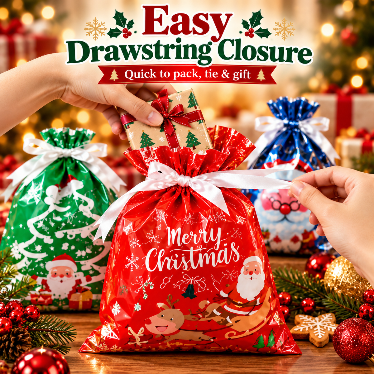 🎄 2026 Drawstring Christmas Gift Bags – Aluminum Foil Candy & Party Bags