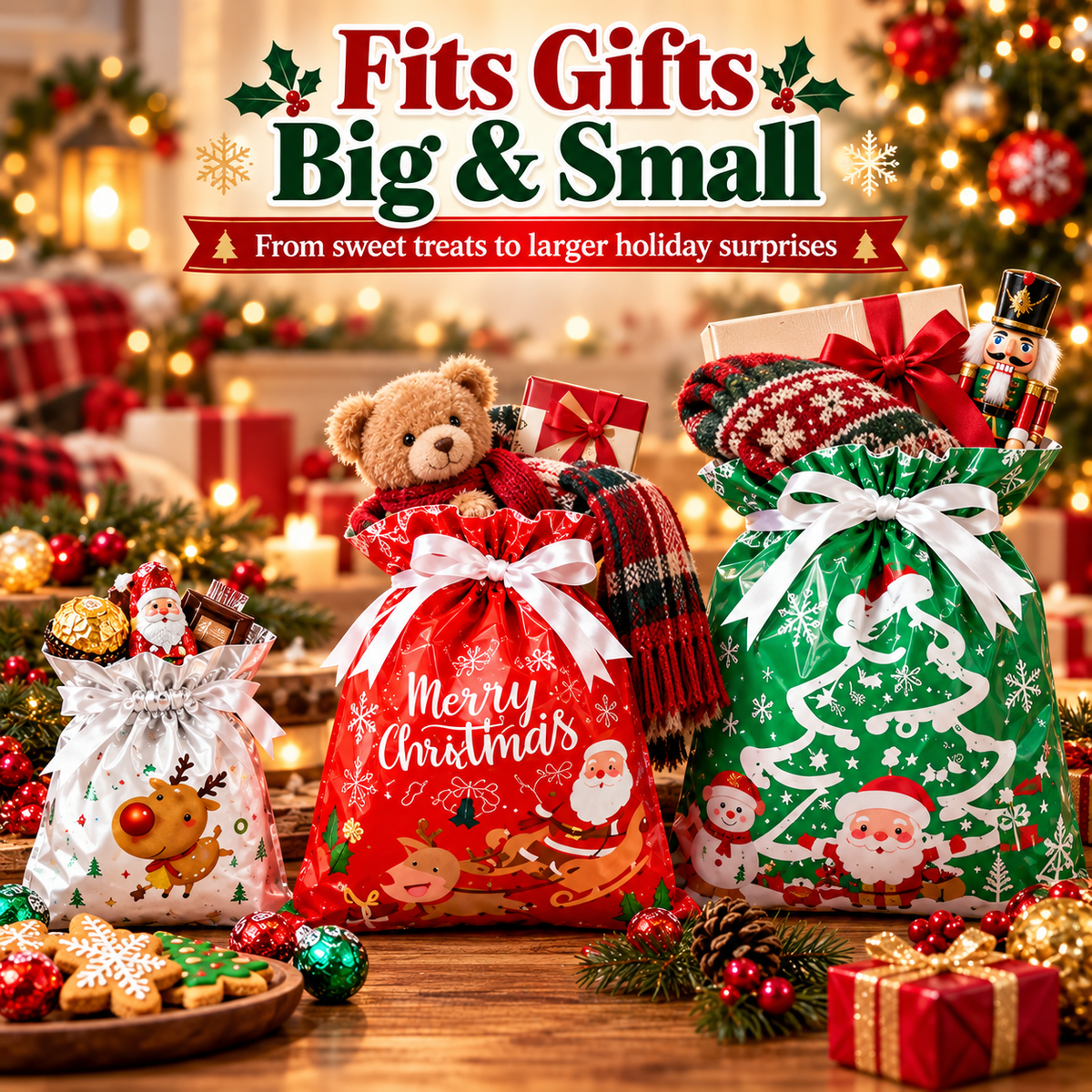 🎄 2026 Drawstring Christmas Gift Bags – Aluminum Foil Candy & Party Bags