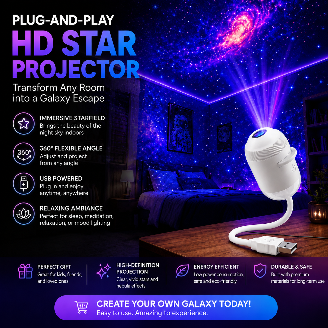 ✨ Plug-and-Play HD Star Projector