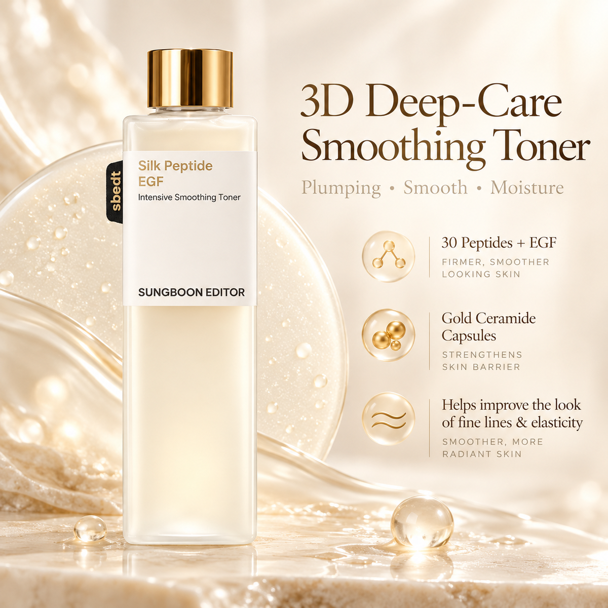 Silk Peptide EGF Smoothing Toner – 30 Peptides + Ceramides for Firmer, Plumper-Looking Skin