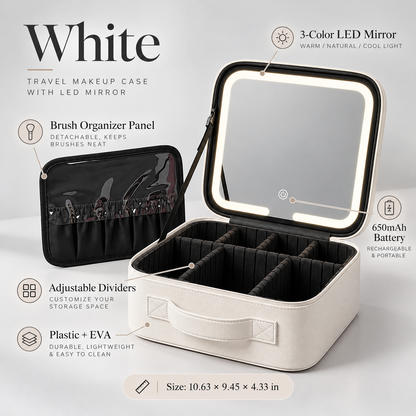 Travel Makeup Bag with LED Mirror – 3 Light Modes, Adjustable Dividers & Waterproof Cosmetic Organizer