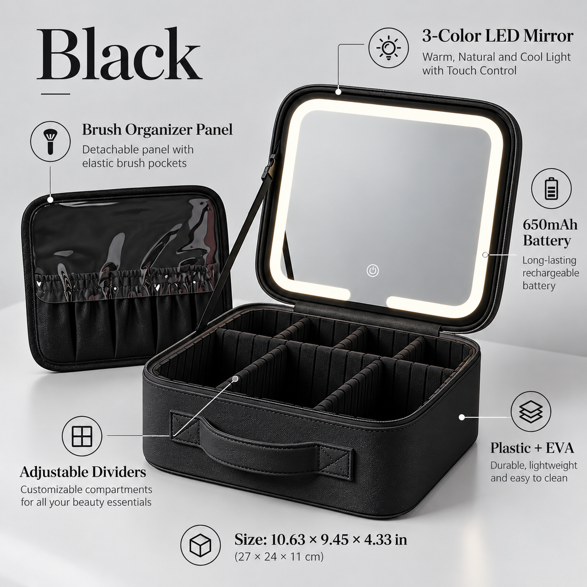Travel Makeup Bag with LED Mirror – 3 Light Modes, Adjustable Dividers & Waterproof Cosmetic Organizer