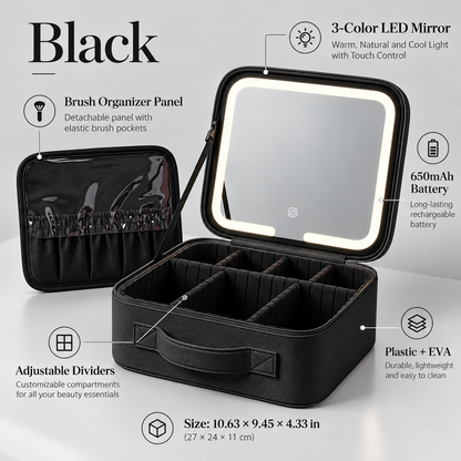 Travel Makeup Bag with LED Mirror – 3 Light Modes, Adjustable Dividers & Waterproof Cosmetic Organizer