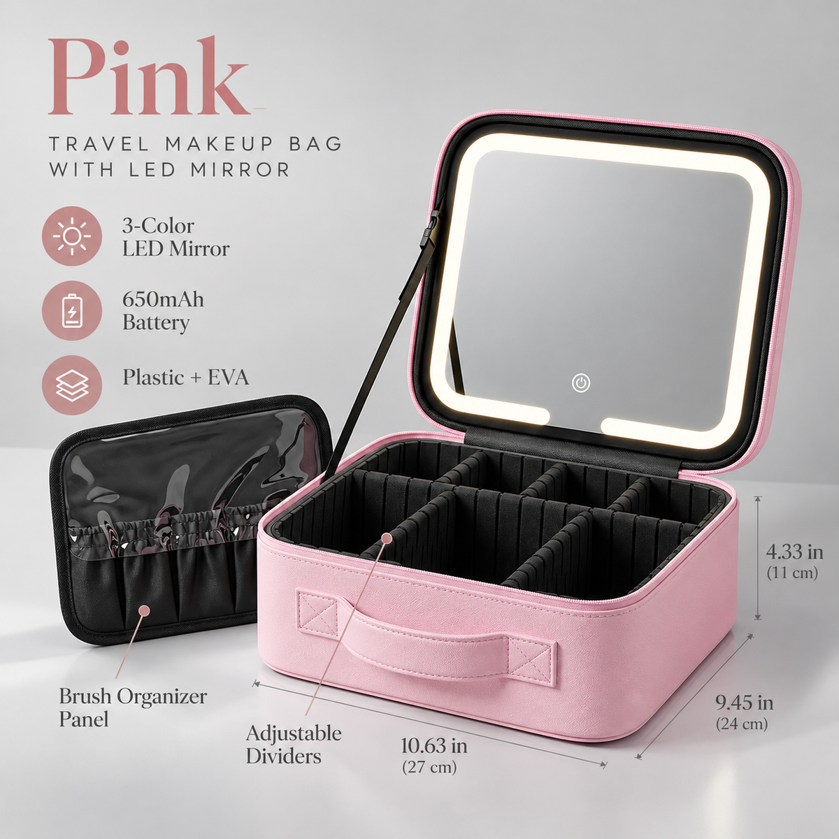 Travel Makeup Bag with LED Mirror – 3 Light Modes, Adjustable Dividers & Waterproof Cosmetic Organizer