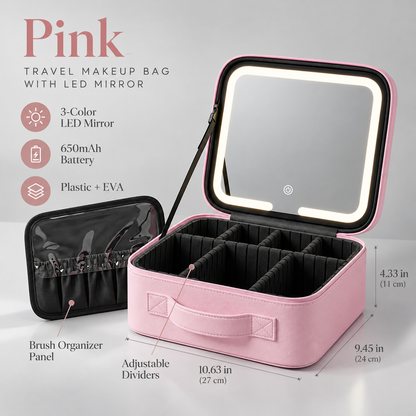 Travel Makeup Bag with LED Mirror – 3 Light Modes, Adjustable Dividers & Waterproof Cosmetic Organizer