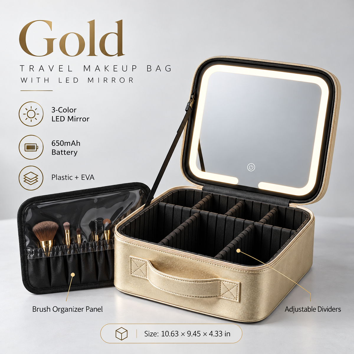 Travel Makeup Bag with LED Mirror – 3 Light Modes, Adjustable Dividers & Waterproof Cosmetic Organizer