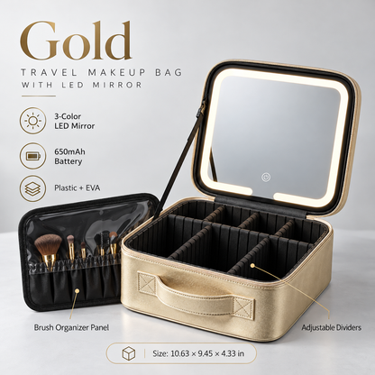 Travel Makeup Bag with LED Mirror – 3 Light Modes, Adjustable Dividers & Waterproof Cosmetic Organizer