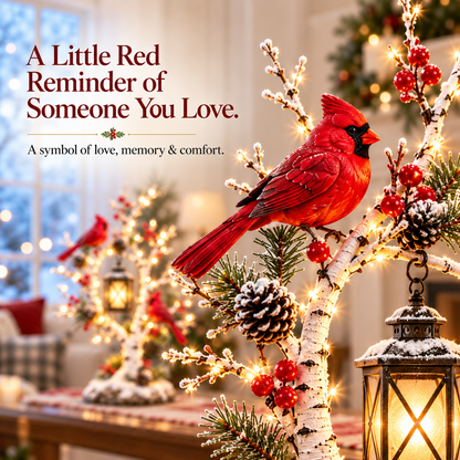 ❤️ Cardinal Winter Lantern Tree– Lighted Snowy Birch Tree with Red Cardinals & Hanging Lantern ✨