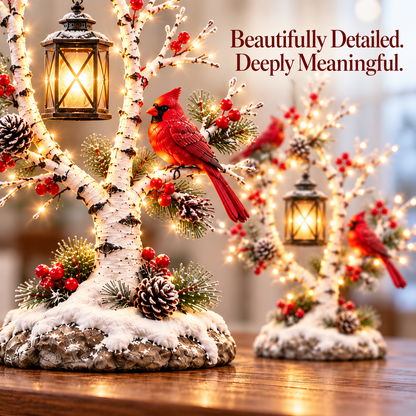 ❤️ Cardinal Winter Lantern Tree– Lighted Snowy Birch Tree with Red Cardinals & Hanging Lantern ✨