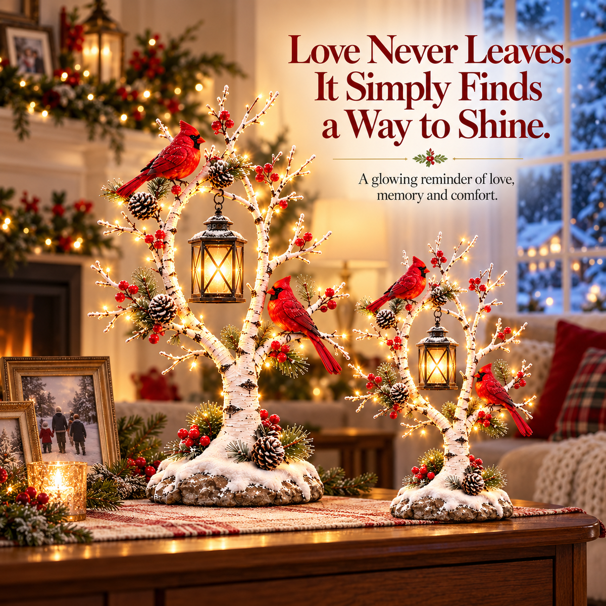 ❤️ Cardinal Winter Lantern Tree– Lighted Snowy Birch Tree with Red Cardinals & Hanging Lantern ✨