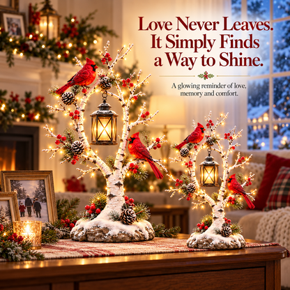 ❤️ Cardinal Winter Lantern Tree– Lighted Snowy Birch Tree with Red Cardinals & Hanging Lantern ✨