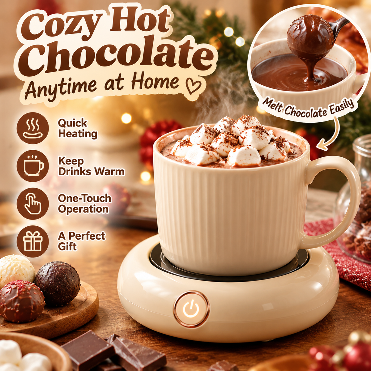🍫✨ CozyGlow Mug Warmer – Chocolate Melting & Hot Drink Warming