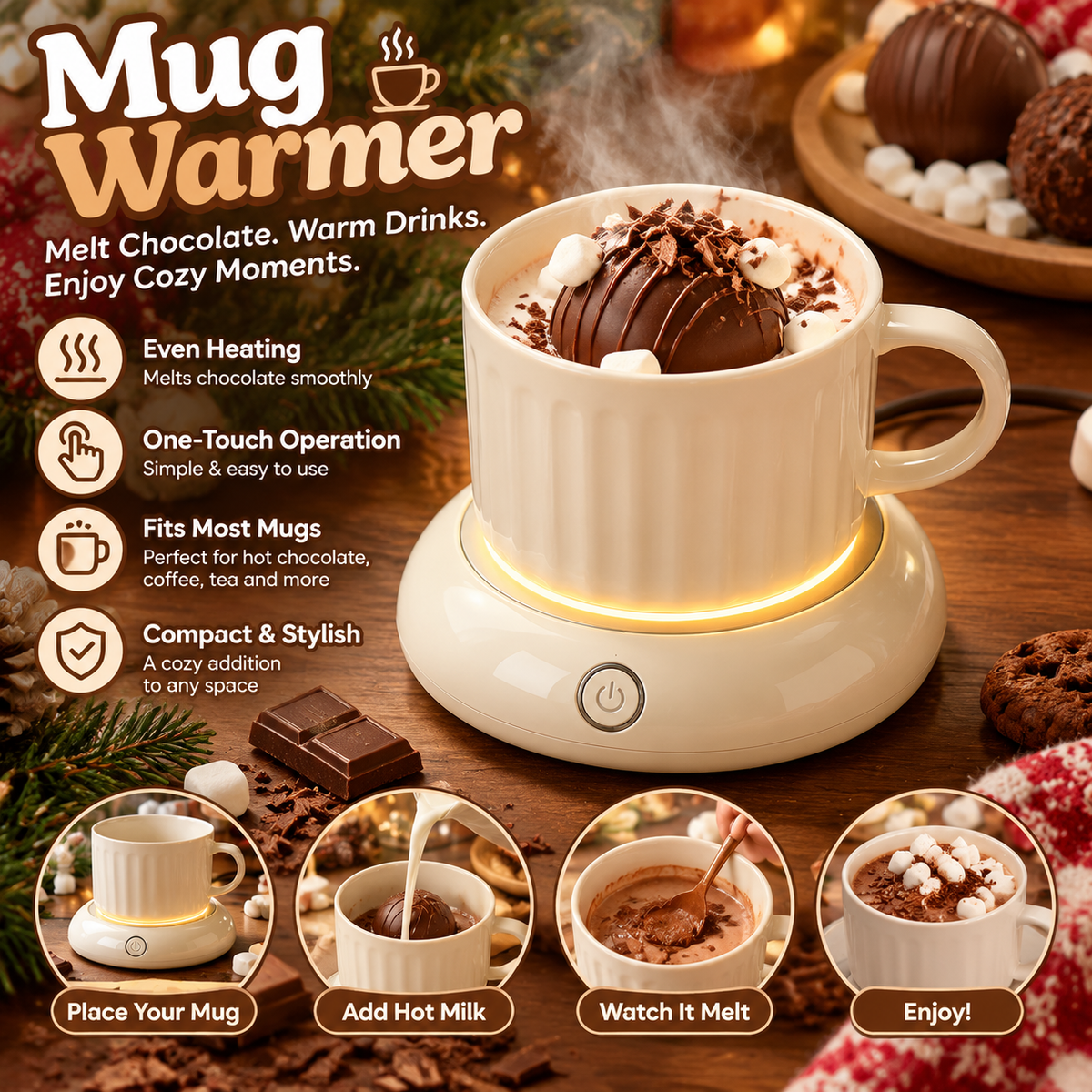 🍫✨ CozyGlow Mug Warmer – Chocolate Melting & Hot Drink Warming