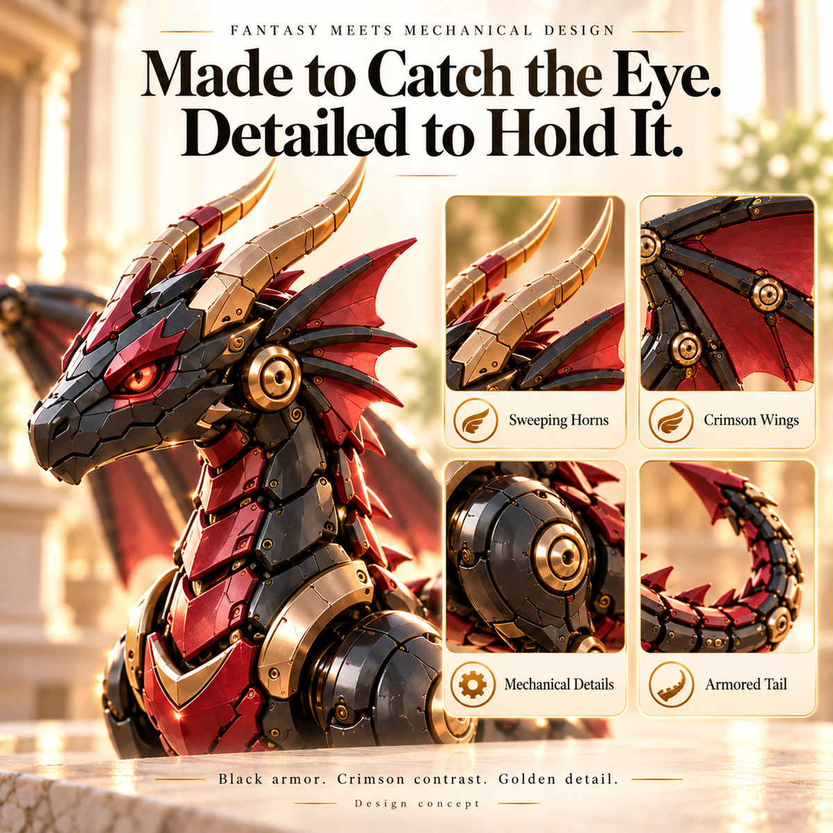 Mechanical dragon with gold-toned horns crimson wings and armored details