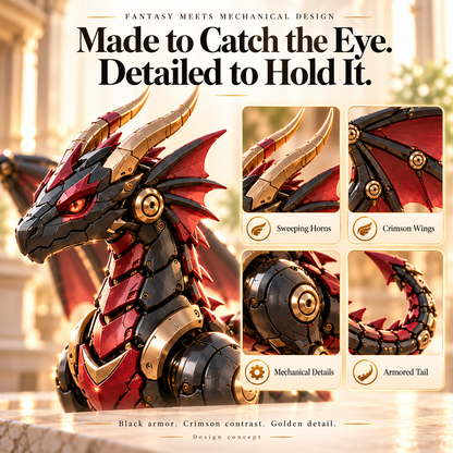 Mechanical dragon with gold-toned horns crimson wings and armored details
