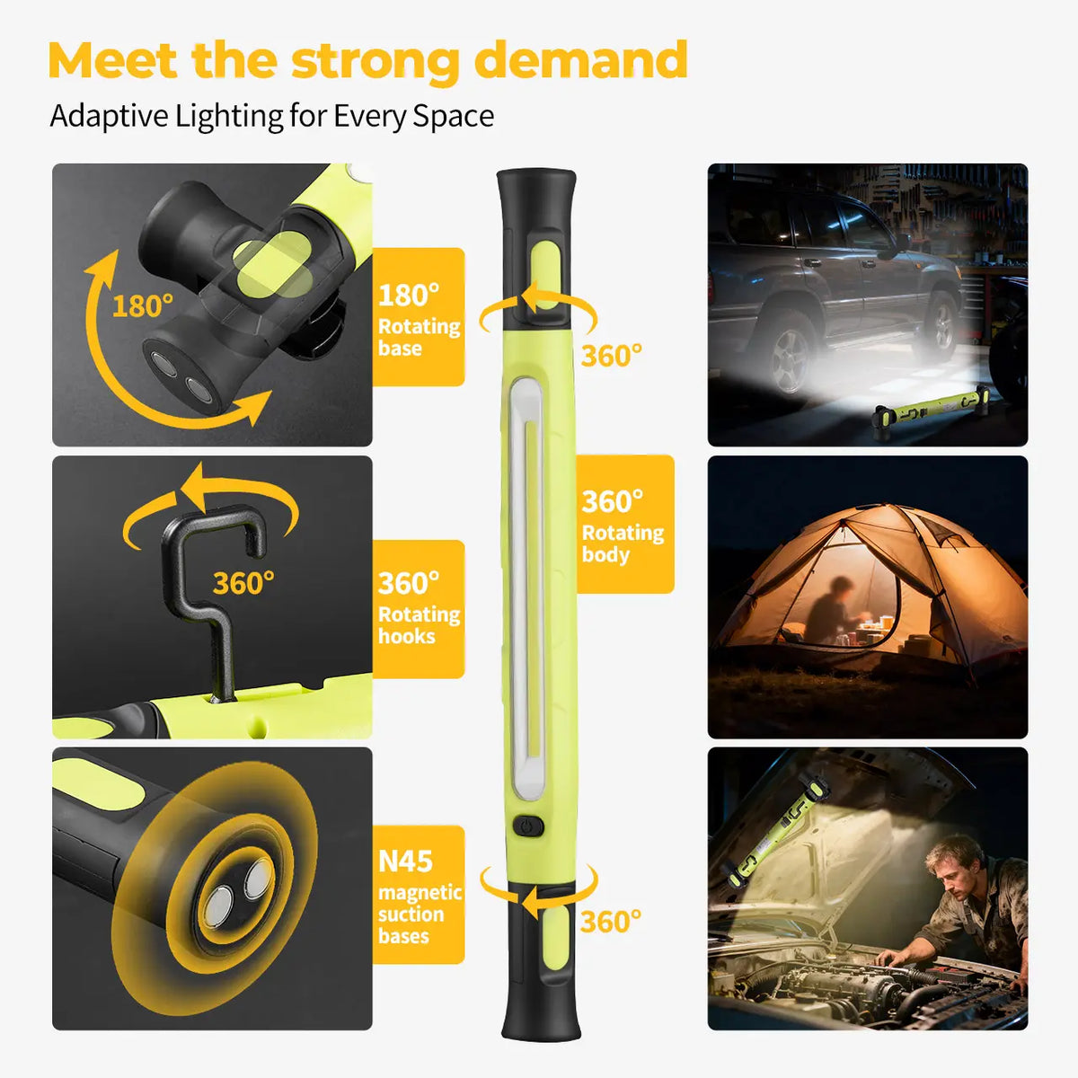 🔦 USB-C Rechargeable COB Work Light – Magnetic Base, Hook & Clamp with 360° Rotation 🔧