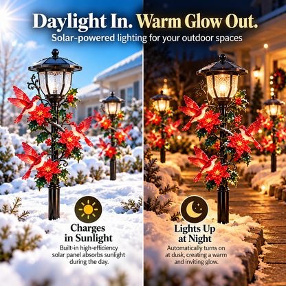 Solar Hummingbird Pathway Light – LED Christmas Garden Stake with Poinsettia Holiday Decor