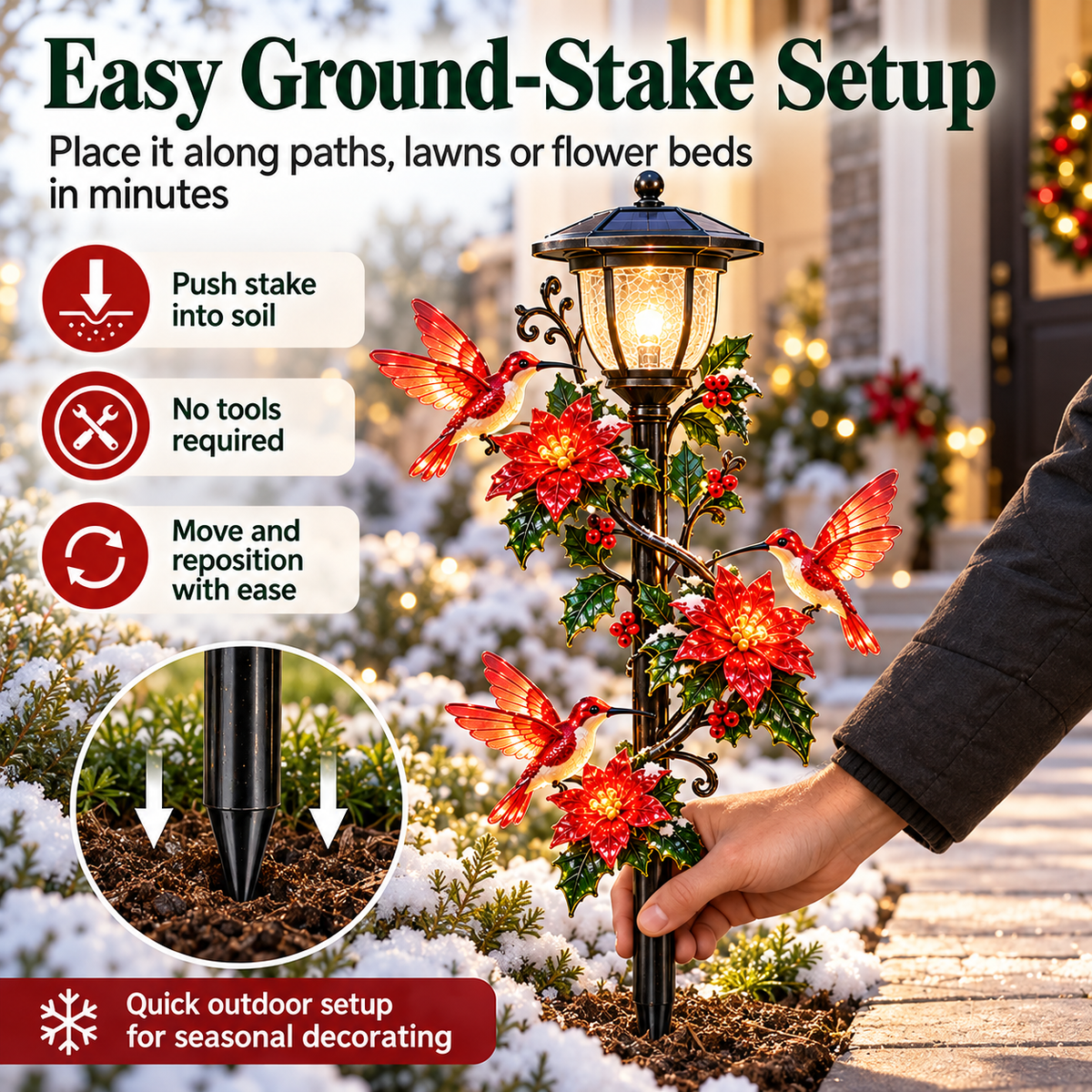 Solar Hummingbird Pathway Light – LED Christmas Garden Stake with Poinsettia Holiday Decor