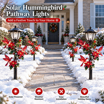 Solar Hummingbird Pathway Light – LED Christmas Garden Stake with Poinsettia Holiday Decor