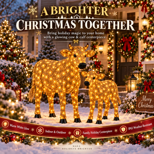 ✨🐄 Light-Up Christmas Cow & Calf Set – Warm White LED Holiday Display