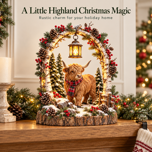 🦬 Highland Cow Christmas Woodland Lantern Decor 🎄 – Rustic Lighted Farmhouse Winter Tabletop Decoration 🎁